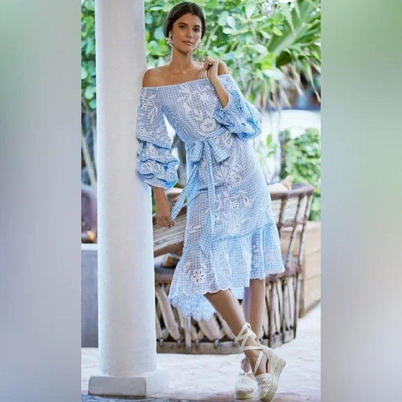 Juliet Dunn embroidered floral dress blue gingham